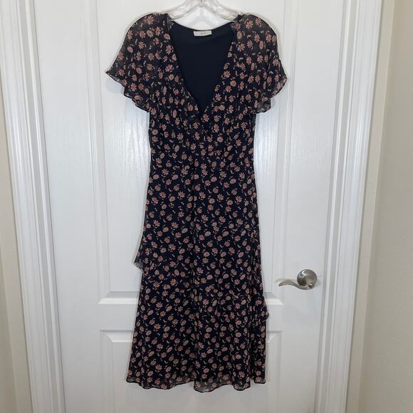 Joie Orita B Floral Print Midi Dress Flutter Sleeve Navy Pink Silk Ruffle 8 - Picture 2 of 6